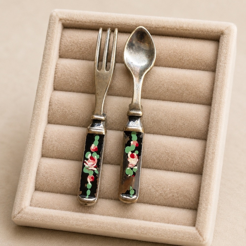 Vintage Floral Miniature Fork Spoon Brooch Pin Set Silver Hand Painted Brooch